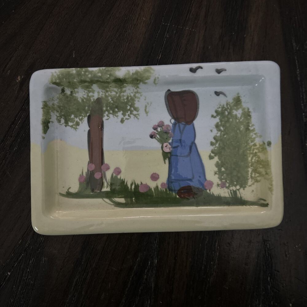 Small Rectangular Ceramic Tray Depicting Amish Female